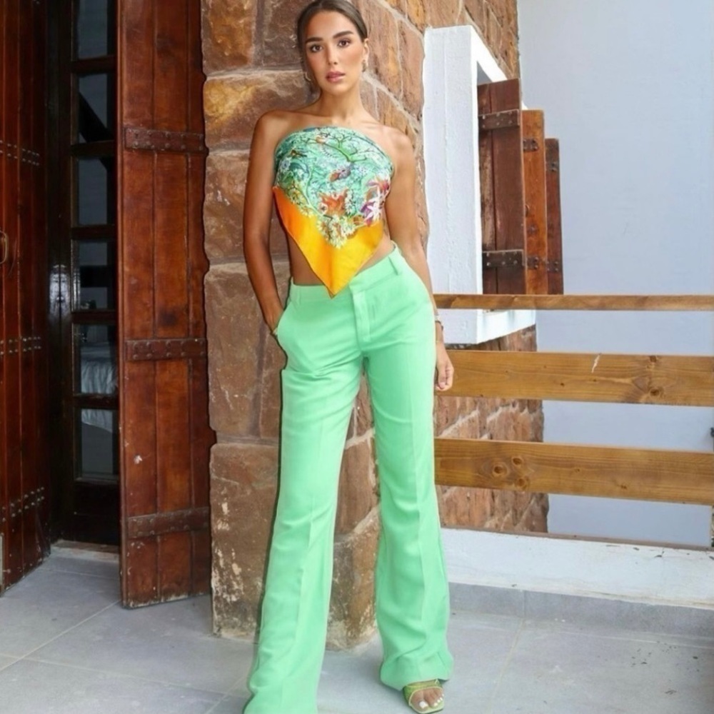 NWT Zara Full Length Menswear Style Trouser High Waist Pant Green Apple  XS